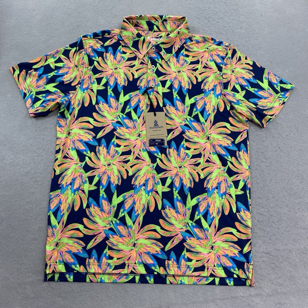 Chubbies Polo Shirt Mens Medium Blue The Ocean Flower Performance Polo Golf